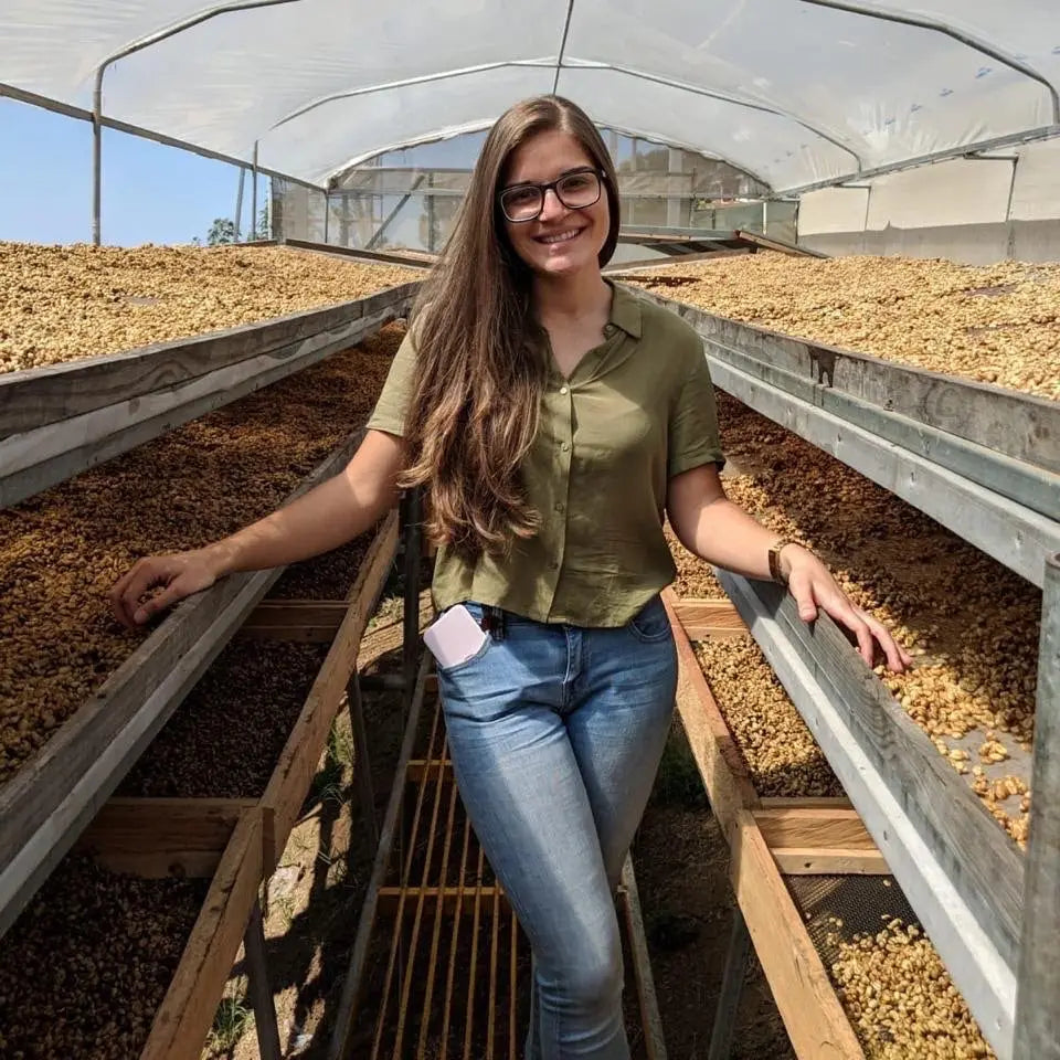 Mariana Perez overseeing coffees drying at the Santa Lucia farm