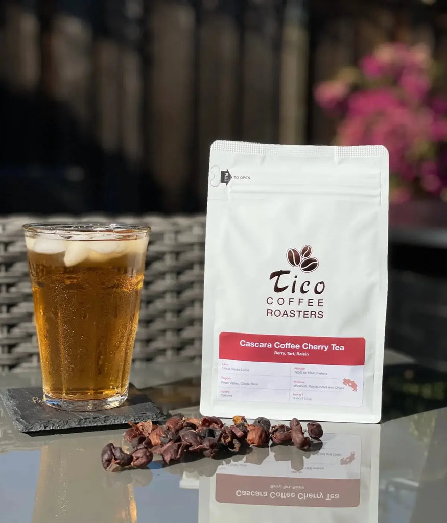 Glass of Iced Cascara Tea on patio table